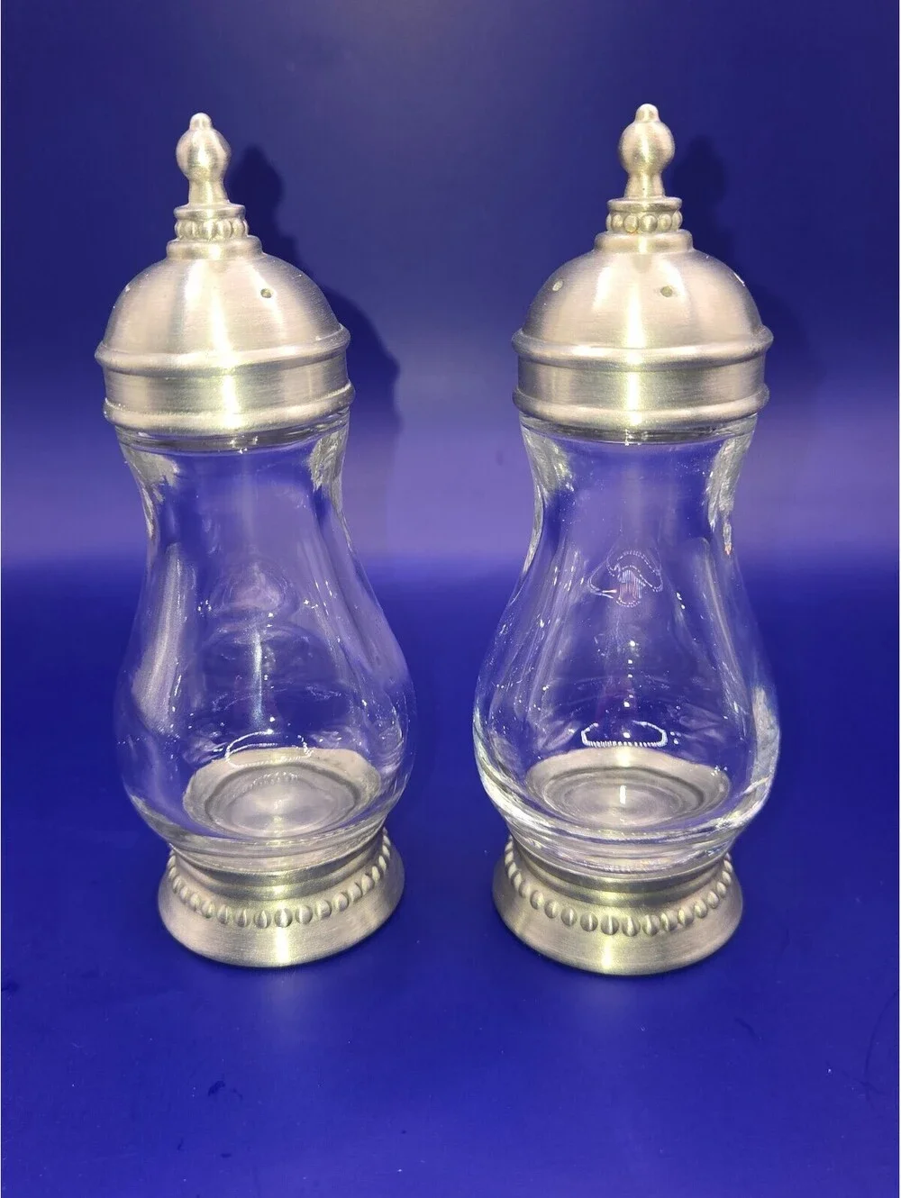 Vintage Style Glass Salt and Pepper Shakers with Silver-Toned Metal Tops and Bae